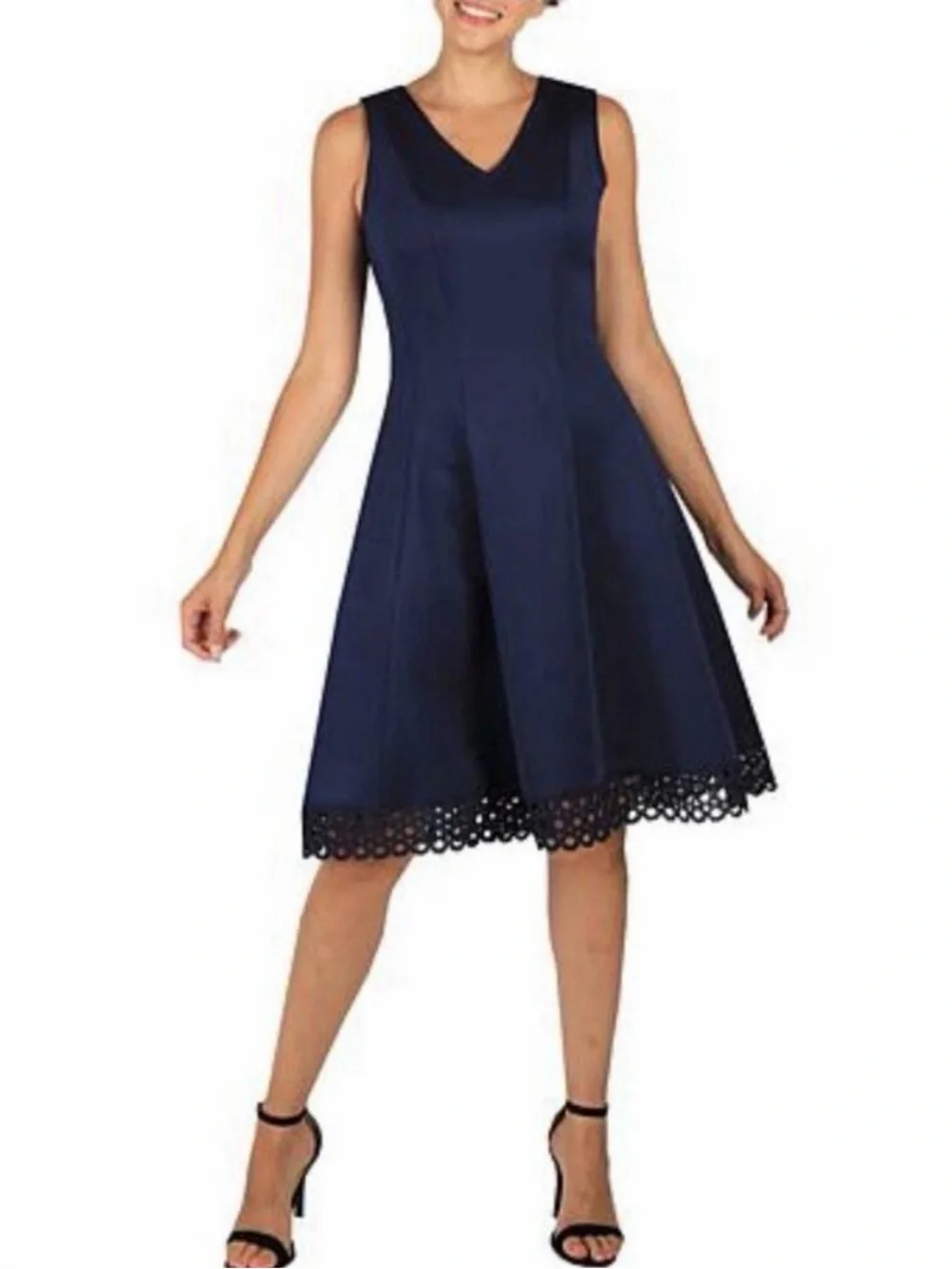 Donna Ricco Navy V-Neck A-Line Dress with Lace Hem - Picture 1 of 9